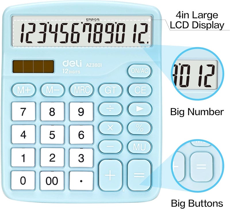 Deli Calculator, Standard Function Desktop Calculators with 12 Digit Large LCD Display and Sensitive Button, Solar Battery Dual Power Office Calculator, Blue - Image 3